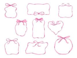 Pink Ribbon Frames with Bows Collection. A collection of 9 pink ribbon frames, featuring bows and flowing edges in heart, round, and rectangular shapes for elegant and feminine designs vector