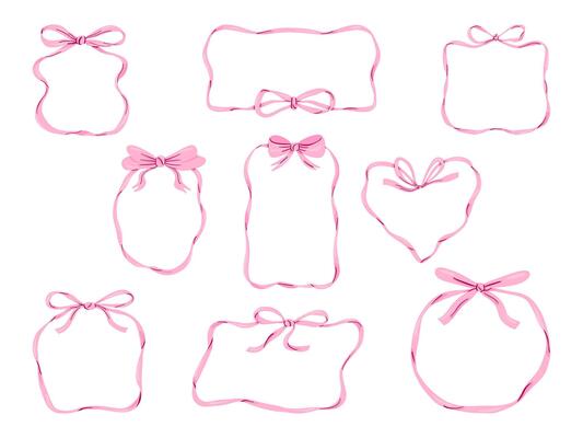 Pink Ribbon Frames with Bows Collection. A collection of 9 pink ribbon frames, featuring bows and flowing edges in heart, round, and rectangular shapes for elegant and feminine designs