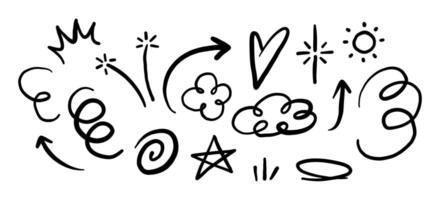 Abstract Hand Drawn Line Art Elements. A collection of 17 abstract hand-drawn line elements, including arrows, sparkles, and shapes, ideal for decoration, minimalistic designs, and graphic accents vector