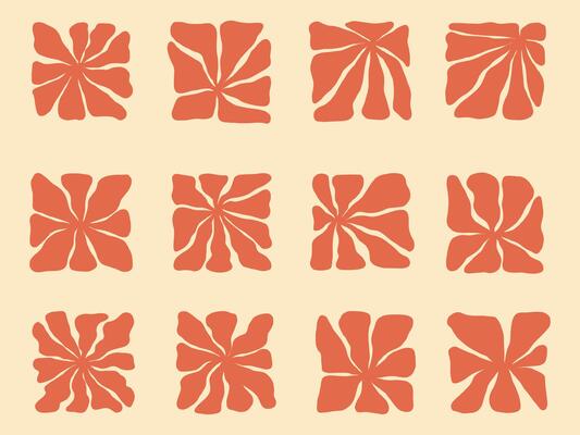 Retro Abstract Floral Swirl Tile Set. A collection of retro-inspired abstract floral swirl tiles with organic, flowing petal-like shapes. These dynamic and artistic elements