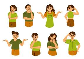 Expressive Character Gesture Illustration Set. A collection of eight expressive illustrations showcasing characters in thoughtful, questioning, and confused poses vector