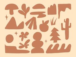 Abstract Earthy Nature Icon Organic Shapes. A collection of abstract nature-inspired icons in earthy tones, featuring organic shapes like trees, and plants, perfect for creative and rustic projects vector
