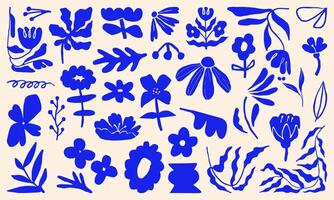 Set of abstract paper cut-out flower and leaf shapes with hand-drawn doodle elements. Featuring exotic jungle leaves, flowers, and plants in a modern, contemporary, and trendy style vector