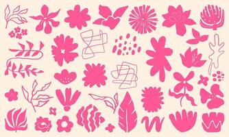 Set of abstract paper cut-out flower and leaf shapes with hand drawn doodle elements. Featuring exotic jungle leaves, flowers, and plants in a modern, contemporary, and trendy style. vector