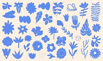 Set of abstract paper cut-out flower and leaf shapes with hand-drawn doodle elements. Featuring exotic jungle leaves, flowers, and plants in a contemporary, modern style. vector