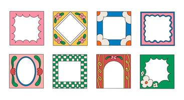 Decorative Frame and Border Design Bundle. A set of 8 unique decorative frames featuring playful, floral, abstract, and retro-inspired designs. Perfect for enhancing photos, invitations, social media vector