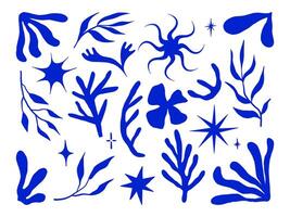 Abstract Botanical and Star Icon Bold Blue. A vibrant collection of abstract icons featuring botanical elements, stars, and organic shapes in bold blue tones, perfect for modern and artistic projects vector