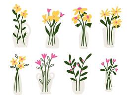 Cheerful Vase with Flowers and Berries. A collection of 8 cheerful floral and berry arrangements in white vases, featuring playful pinks and vibrant yellows, perfect for modern designs vector