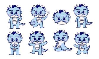 Cute Dragon Character Illustrations in Various Playful Poses. A set of 8 adorable dragon character illustrations showing different poses and expressions, perfect for fantasy and children designs vector