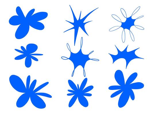 Abstract Blue Flower and Starburst Icon Set. A creative collection of abstract icons featuring bold blue flower shapes and dynamic starburst designs, perfect for modern and artistic projects