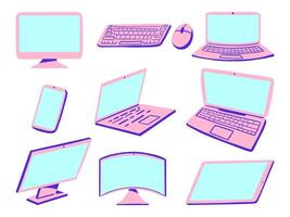 Modern Tech Devices Trendy Workspaces. A collection of 9 pink tech devices, including monitors, laptops, and tablets, with sleek and minimalist designs for modern and stylish visuals vector