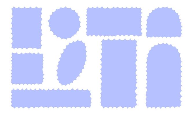 Collection of 9 scalloped frame shapes in soft pastel blue. Perfect for labels, decorative borders, scrapbooking, digital design, and creative layouts.