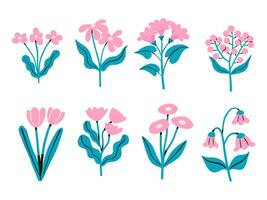 Whimsical Pink Flowers with Teal Leaves. A collection of 8 playful floral and berry designs featuring pink hues and bold teal leaves, ideal for vibrant and modern botanical projects vector