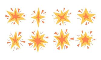 Exploding Starburst Comic Style Impact. A collection of 8 dynamic exploding starburst shapes in bold yellow and orange tones. Perfect for comic-style effects, stickers, and energetic graphic designs vector
