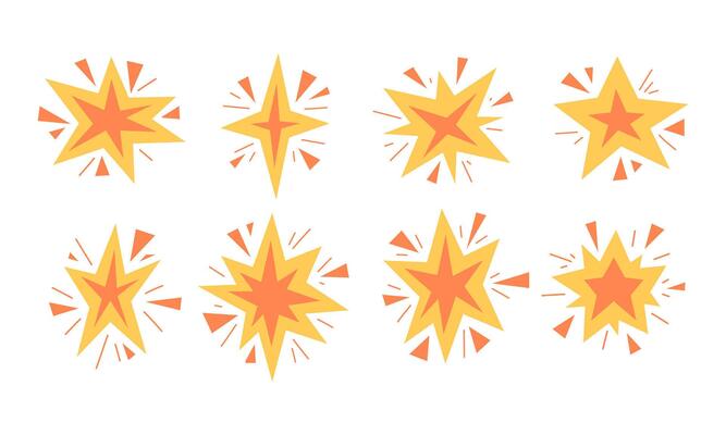 Exploding Starburst Comic Style Impact. A collection of 8 dynamic exploding starburst shapes in bold yellow and orange tones. Perfect for comic-style effects, stickers, and energetic graphic designs