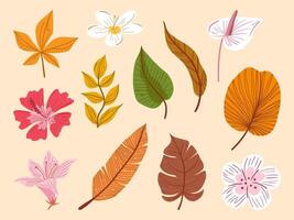 Hand drawn botanical foliage and floral elements featuring fine details and warm earthy tones. Perfect for nature-inspired and autumn-themed projects. vector