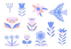 Charming WebFolk Art floral and bird illustration set in soft pink and blue tones. Perfect for decorative and creative projects with a folk-inspired design. vector