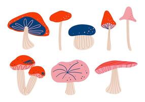 Collection of whimsical hand drawn mushroom. A set of eight artistic hand drawn mushrooms featuring whimsical caps and unique details, perfect for decoration, and creative nature-inspired projects vector
