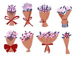 Hand-Drawn Floral Bouquets with Kraft Wrapping. A collection of 8 hand-drawn floral bouquets, featuring pink and red flowers and berries wrapped in kraft paper with vibrant red ribbons vector