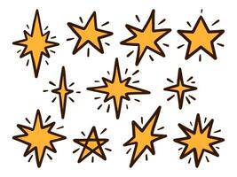 Hand Drawn Cartoon Star Sparkle Shape Set. A collection of hand-drawn cartoon-style star sparkles bold outlines. These vibrant glowing elements are perfect for creative compositions vector