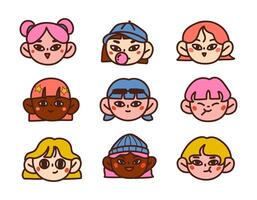 Fun and Expressive Character Face Portrait. A set of 9 cute and playful character faces, featuring diverse hairstyles, expressions, and styles, perfect for fun designs and avatars vector