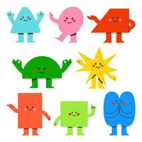 colorful hand drawn shape characters. A collection of 8 cheerful and playful hand-drawn shape characters, featuring unique geometric designs. Perfect for kids' artwork, creative projects vector