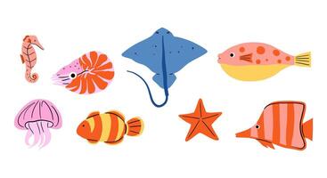 Colorful Marine Life Illustration. A vibrant set of 8 unique marine life illustrations, including seahorse, jellyfish, starfish, and more. Perfect for ocean themed designs, and children projects vector
