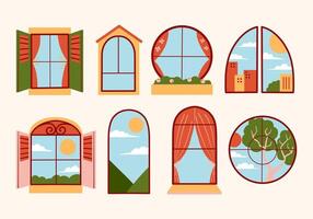 Window Design Icon Scenic Views and Styles. A collection of decorative window illustrations showcasing various designs and scenic views, including arched, circular, and framed styles vector