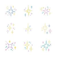 Celestial Sparkle Icons Set. A set of 9 minimalist star and sparkle icons, featuring a variety of radiant, geometric, and twinkling designs. Perfect for adding a touch of shine to any creative project vector