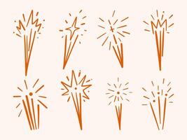 Hand-Drawn Firework Spark Burst Shape Set. A collection of hand-drawn firework-inspired spark bursts with dynamic line strokes. These energetic and festive elements are perfect for celebratory designs vector