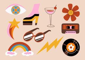 Retro 70s Icon Disco and Vintage Vibes. A fun collection of retro 70s-themed icons featuring disco balls, platform shoes, cassette tapes, rainbows, and other vintage-inspired elements vector