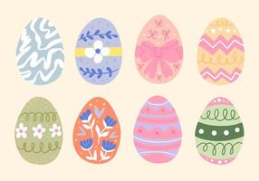Decorative Easter Egg Hand-Drawn Pattern. A collection of 8 pastel-colored Easter eggs with unique hand-drawn patterns, including floral, ribbons, and geometric designs. Perfect for spring decorations vector