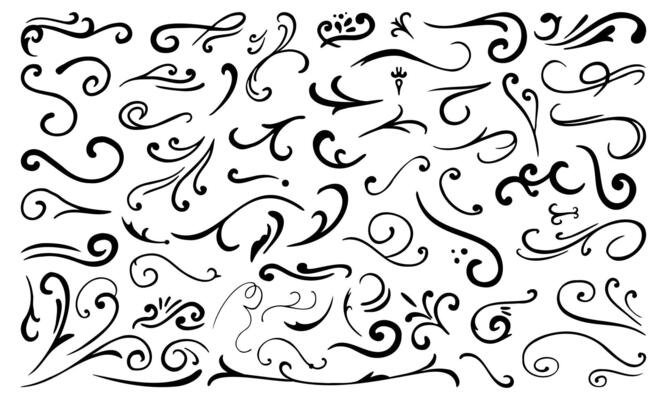 Hand drawn calligraphy curvy lines with floral decoration Featuring elegant curls swirls and ornate flourishes Perfect for pointed pen ink calligraphy style designs