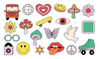 Hand drawn retro groovy stickers featuring 70s hippie and psychedelic elements Perfect for vintage themed designs and creative projects vector