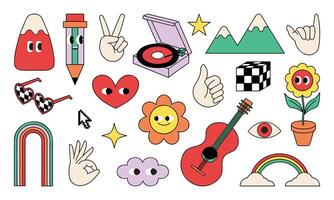 Retro groovy sticker set with hand drawn 70s hippie and psychedelic elements Perfect for vintage themed designs and creative projects vector