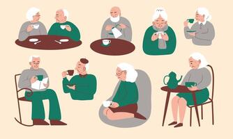 An old person enjoying leisure time while drinking tea. Icon logo sitting in a chair while drinking tea and reading newspaper. illustration in cartoon style. vector