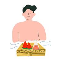 A man sitting in a bathtub with a tray of watermelon vector