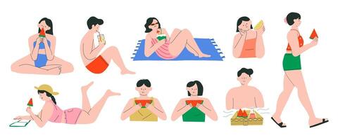 Relaxing in Summer on the Beach. Illustration of Drinking coconut in beach blanket, eating watermelon, swim. vector