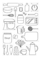Lined Hand drawn baking tools and ingredient bakery kitchen elements illustration. Ingredients, utensils and tools for baking set illustration vector