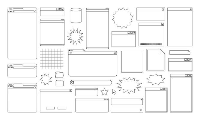 Lined Retro User Interface , Icon Website and Computer 90s, Set Desktop Program, windows boxes.