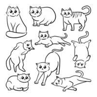 Lined Cat Pet Hand Drawn Illustration. Cartoon cat set with different poses. Ginger kitty in simple cute style. vector