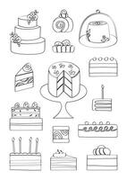 Hand drawn lined cake decoration with bakery and pastry elements in a fun cartoon style Perfect for baking themed designs and creative projects vector