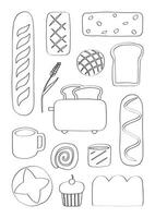 Hand drawn bread and coffee for bakery food elements collection. Bread breakfast baguette, bun, toast, cinnamon roll, garlic bread. vector