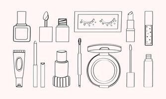 Lined Set of cosmetics makeup with foundation, lip tint, artificial eyelash, lipstick, lip gloss, lip liner, concealer, brow pencil, cushion, and concealer illustration. vector