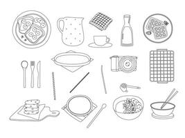 Lined Various Dish food element. Belgian waffle, Chocolate cookies, Salad, Bread Toast. vector