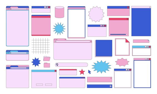Lined retro user interface with 90s computer icons including desktop program windows and classic UI elements Perfect for website graphics digital designs and nostalgic themes