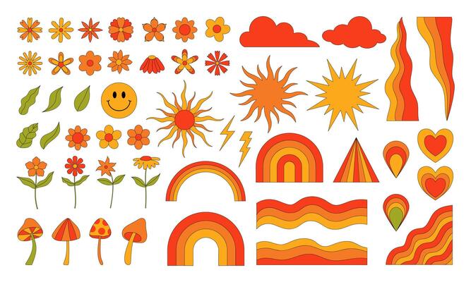 Retro Groovy 70s. Cartoon funky mushrooms, flowers, rainbow, sun, nature. vintage style element set