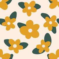 Seamless repeat pattern with abstract flowers and leaves in yellow and green. Flat simple fabric, gift wrap, wall art design. vector