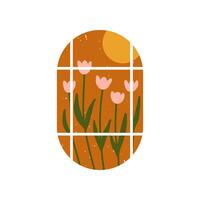 Hand Drawn Rounded Apartment Window Scenery with a Daytime View of a Flowers Garden illustration vector