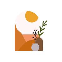 Abstract Hand drawn Rounded Window Scenery with Potted plant view of Mountains Desert and sun illustration vector